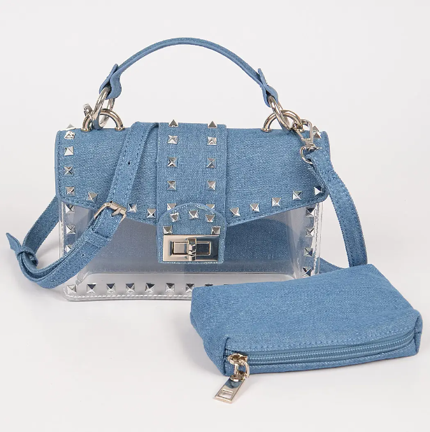 Studded Denim Transparent Bag W/Purse
