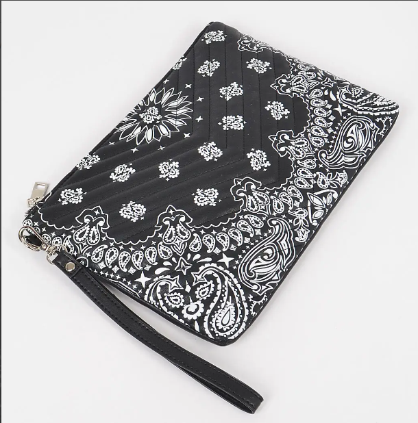 Faux Leather Bandana Print Pouch-Black