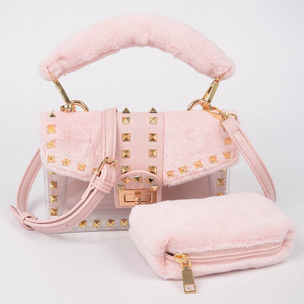 Faux Fur Clear Studded Bag