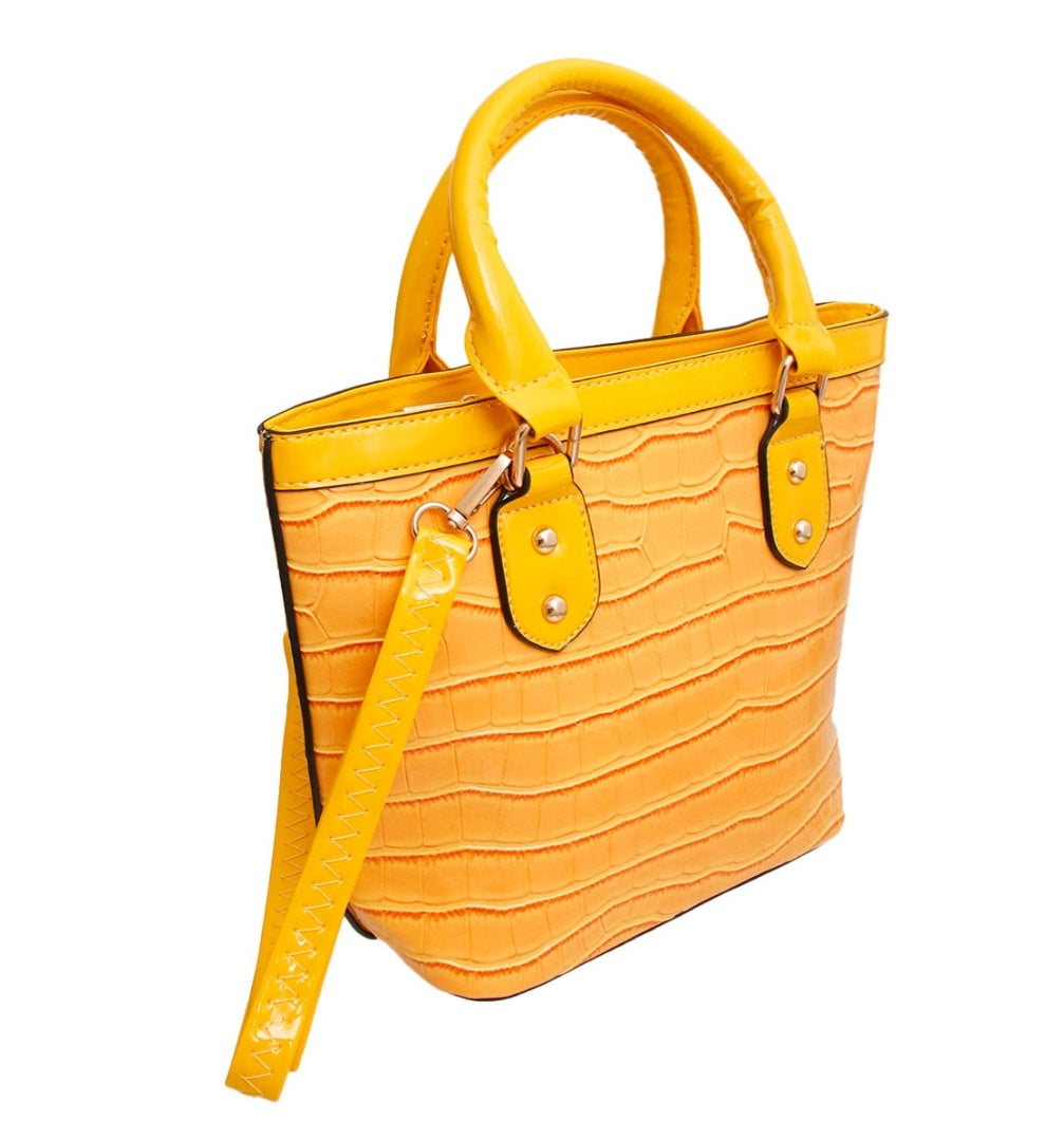 Shiny Yellow Croc Tote Handbag Set