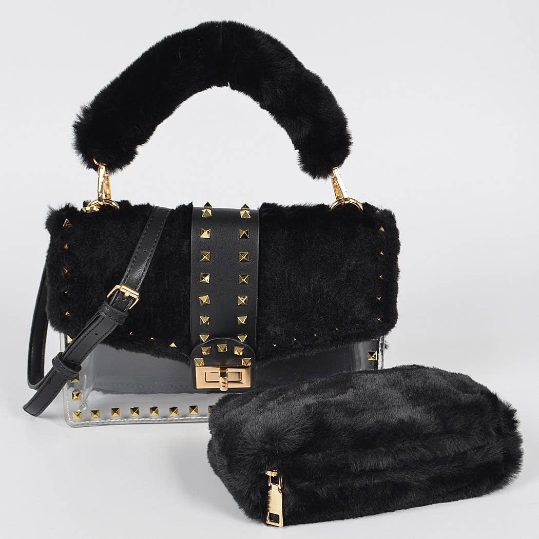 FAUX FUR CLEAR CLUTCH W/ DETACHABLE PURSE