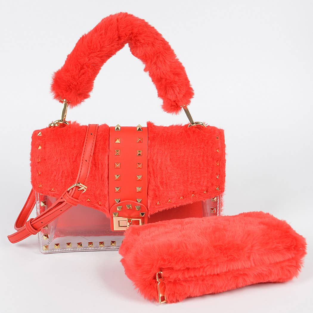 FAUX FUR CLEAR CLUTCH W/ DETACHABLE PURSE