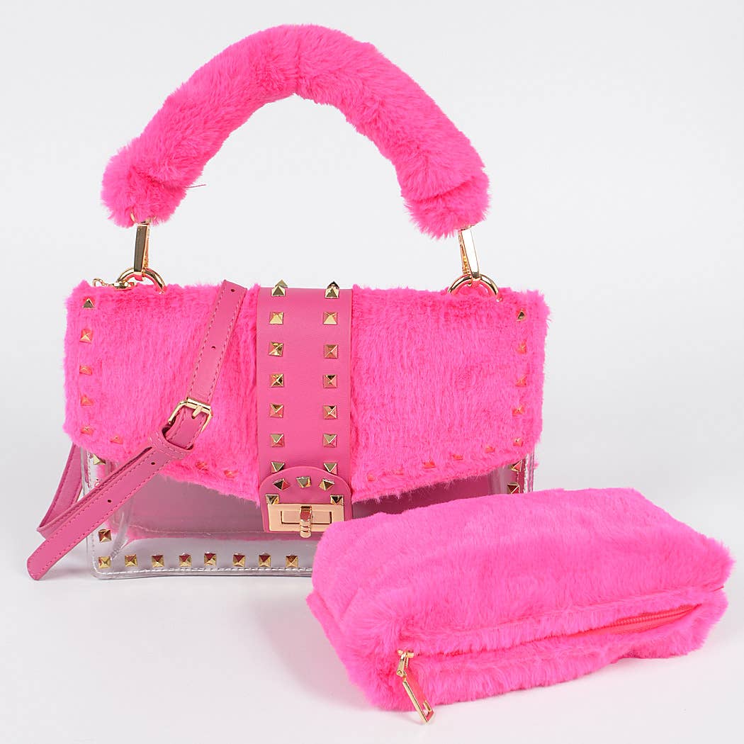FAUX FUR CLEAR CLUTCH W/ DETACHABLE PURSE