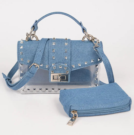Studded Denim Transparent Bag W/Purse