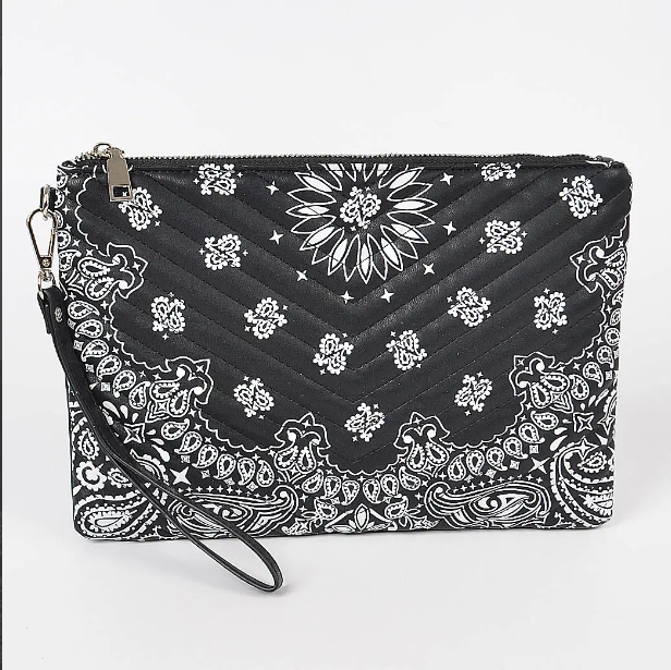 Faux Leather Bandana Print Pouch-Black