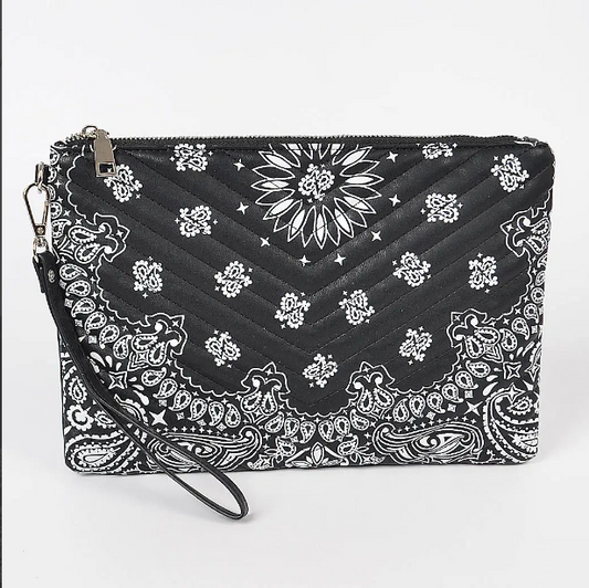Faux Leather Bandana Print Pouch-Black