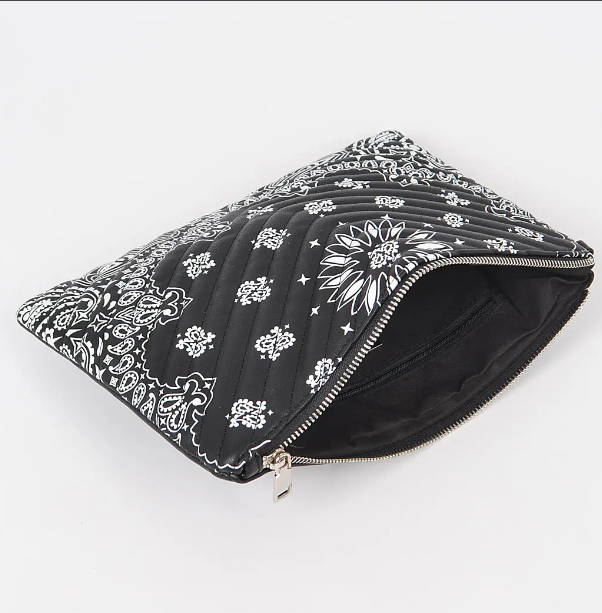 Faux Leather Bandana Print Pouch-Black
