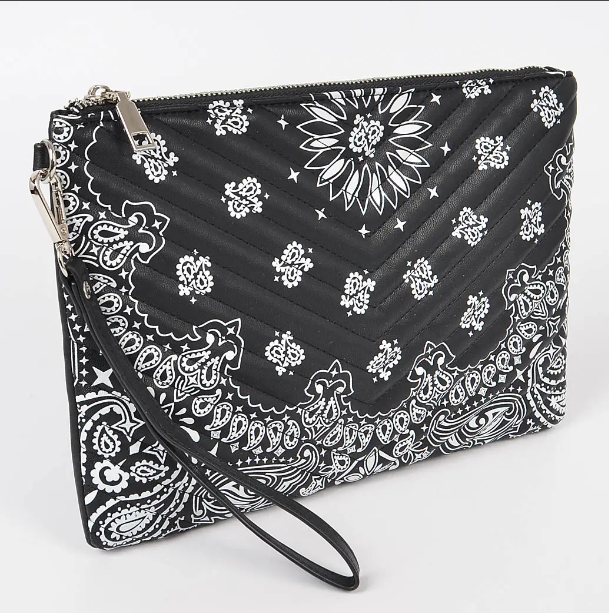 Faux Leather Bandana Print Pouch-Black