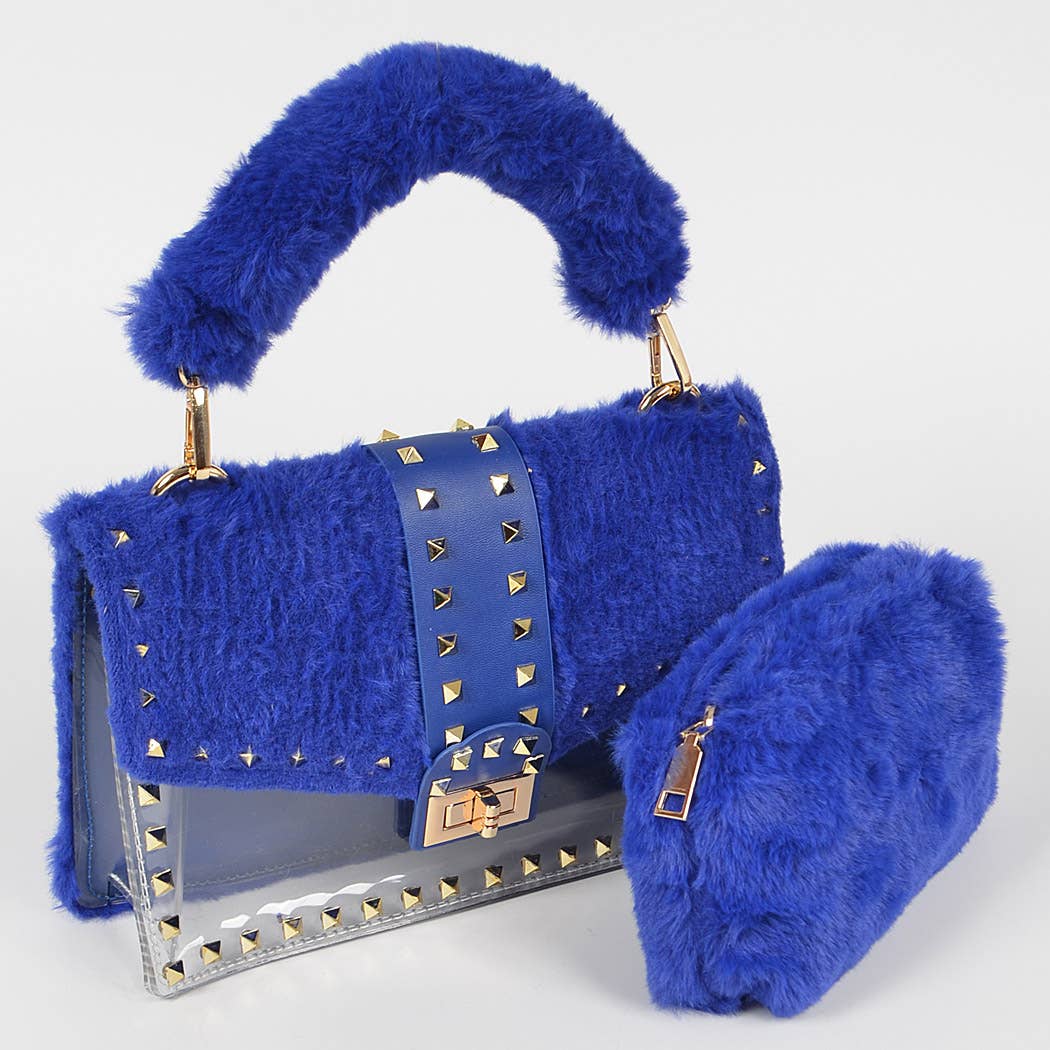 FAUX FUR CLEAR CLUTCH W/ DETACHABLE PURSE