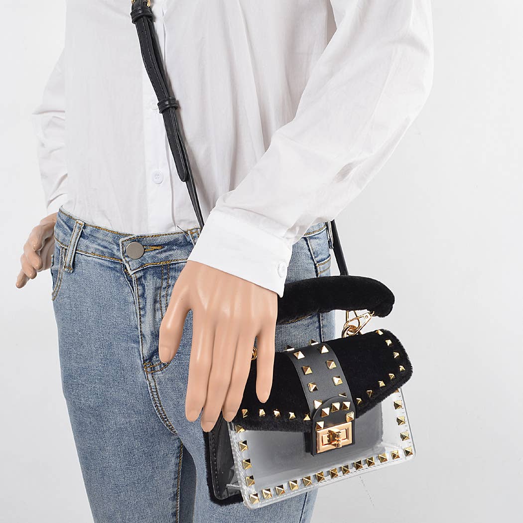 Faux Fur Clear Studded Bag
