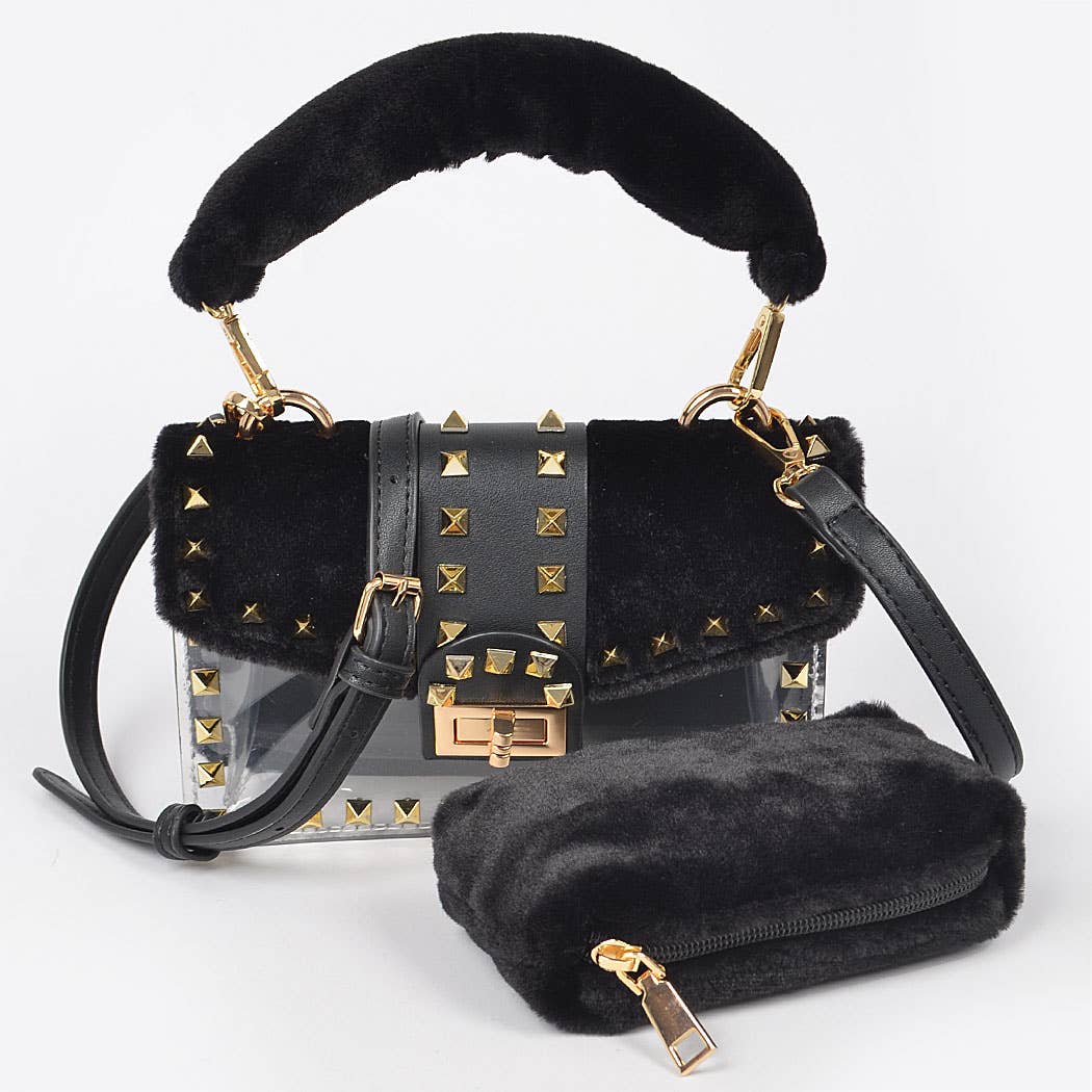 Faux Fur Clear Studded Bag