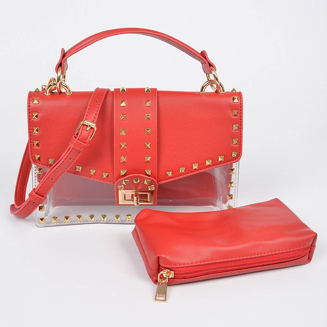 Faux Leather Studded Clear Bag W/Purse