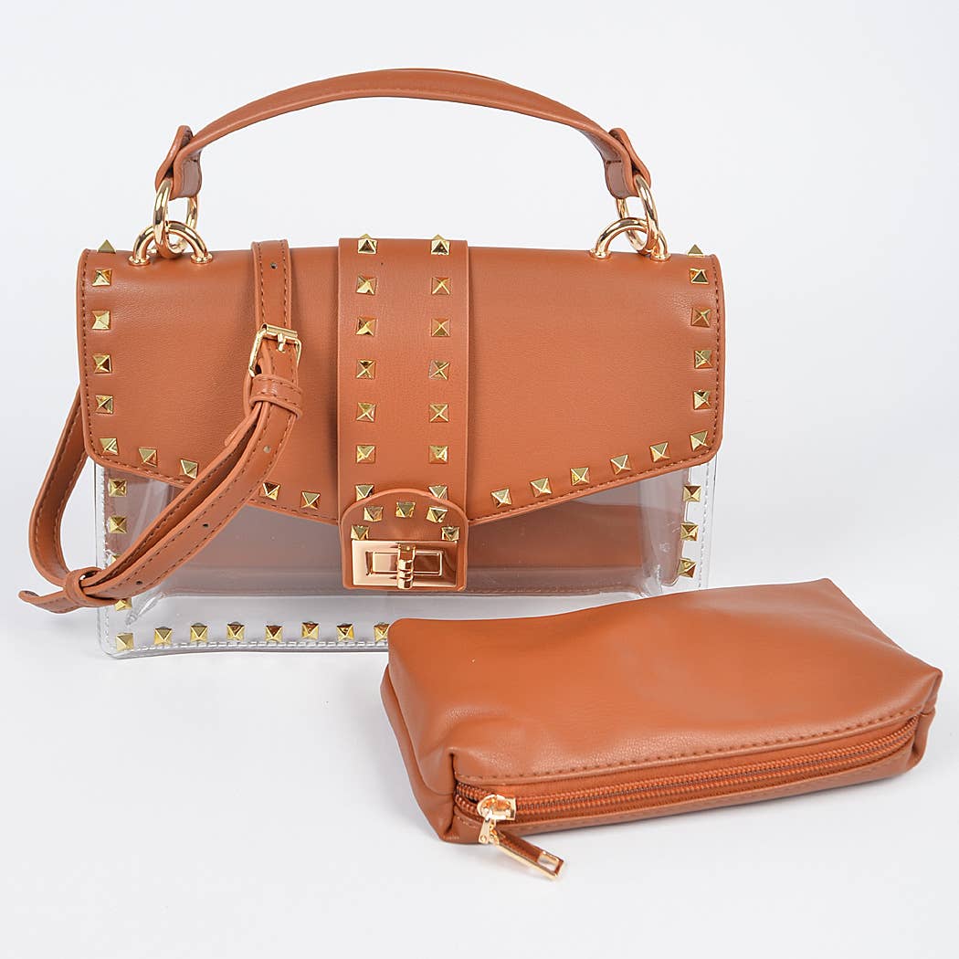 Faux Leather Studded Clear Bag W/Purse