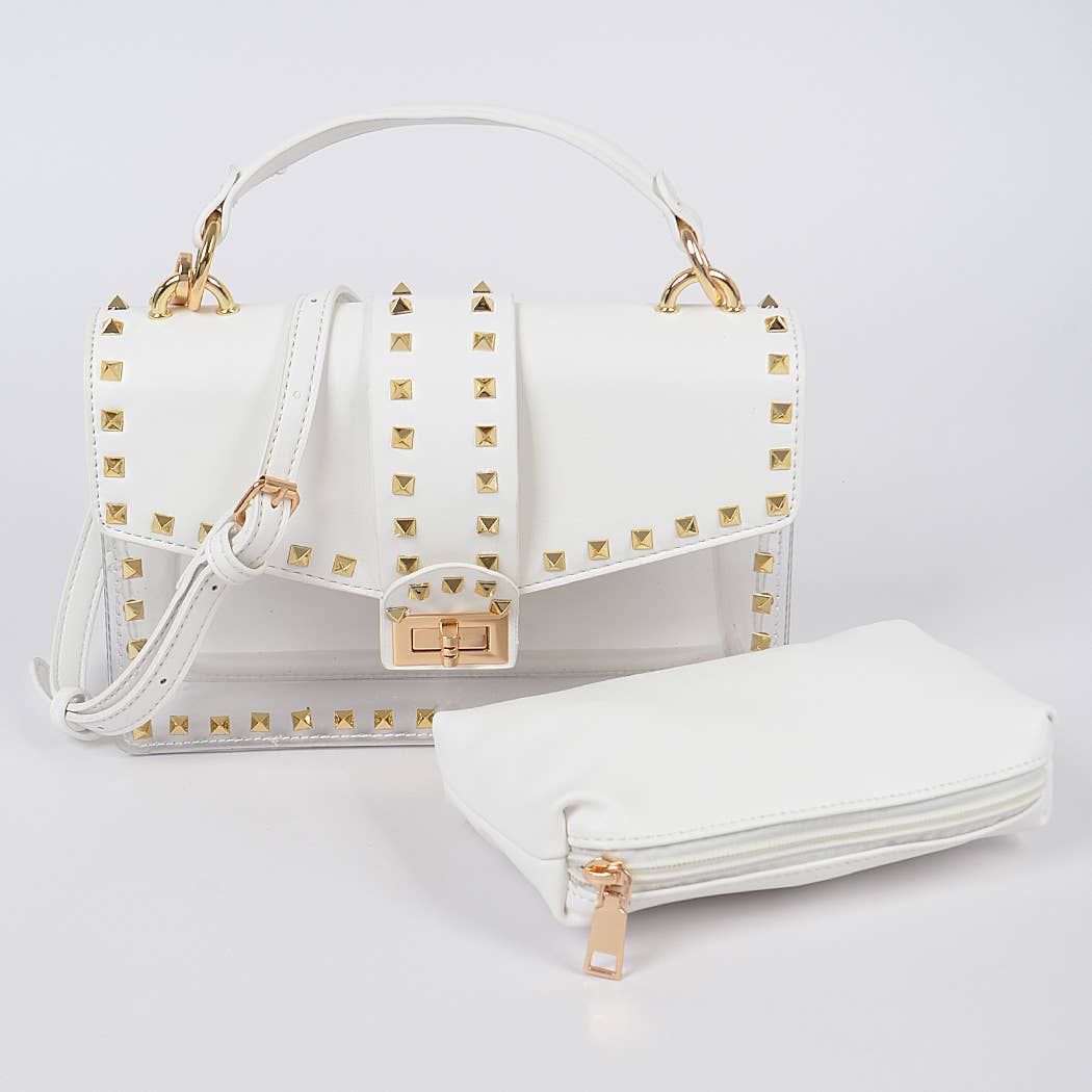Faux Leather Studded Clear Bag W/Purse