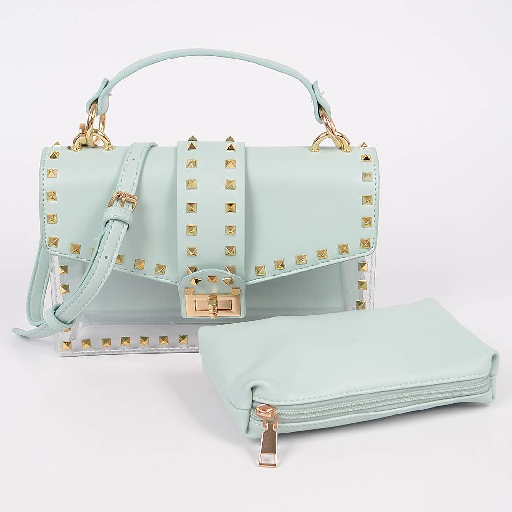 Faux Leather Studded Clear Bag W/Purse