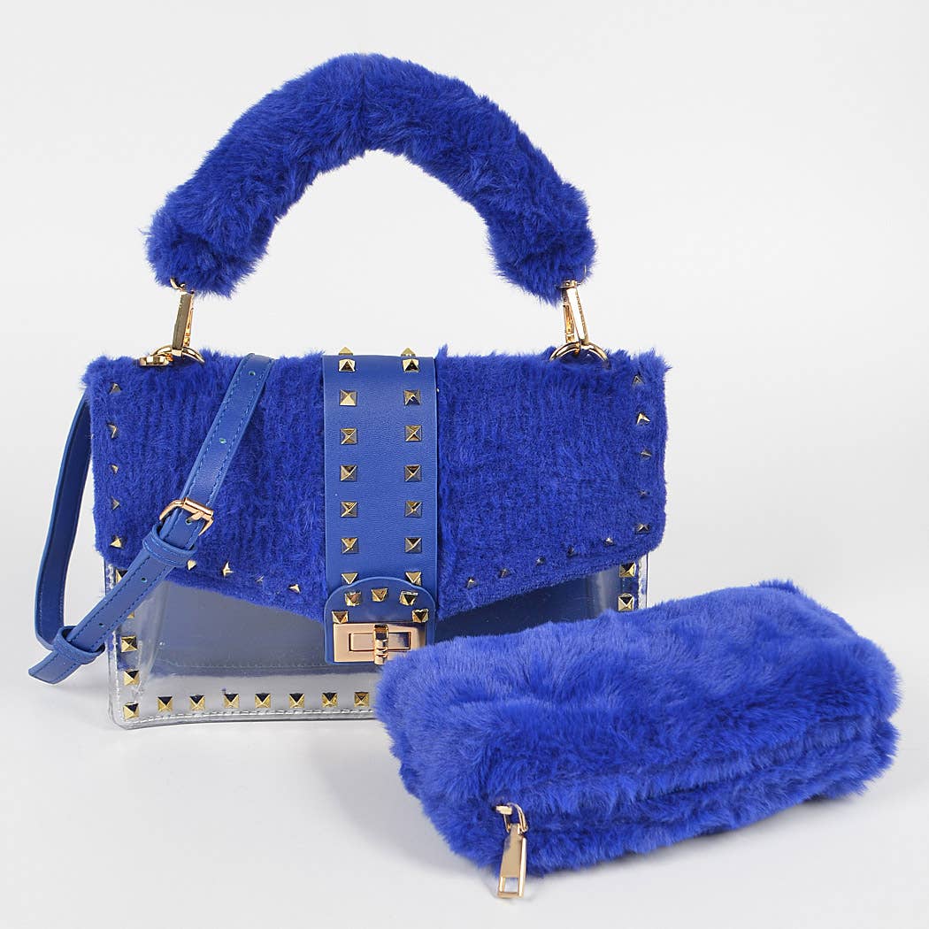 FAUX FUR CLEAR CLUTCH W/ DETACHABLE PURSE