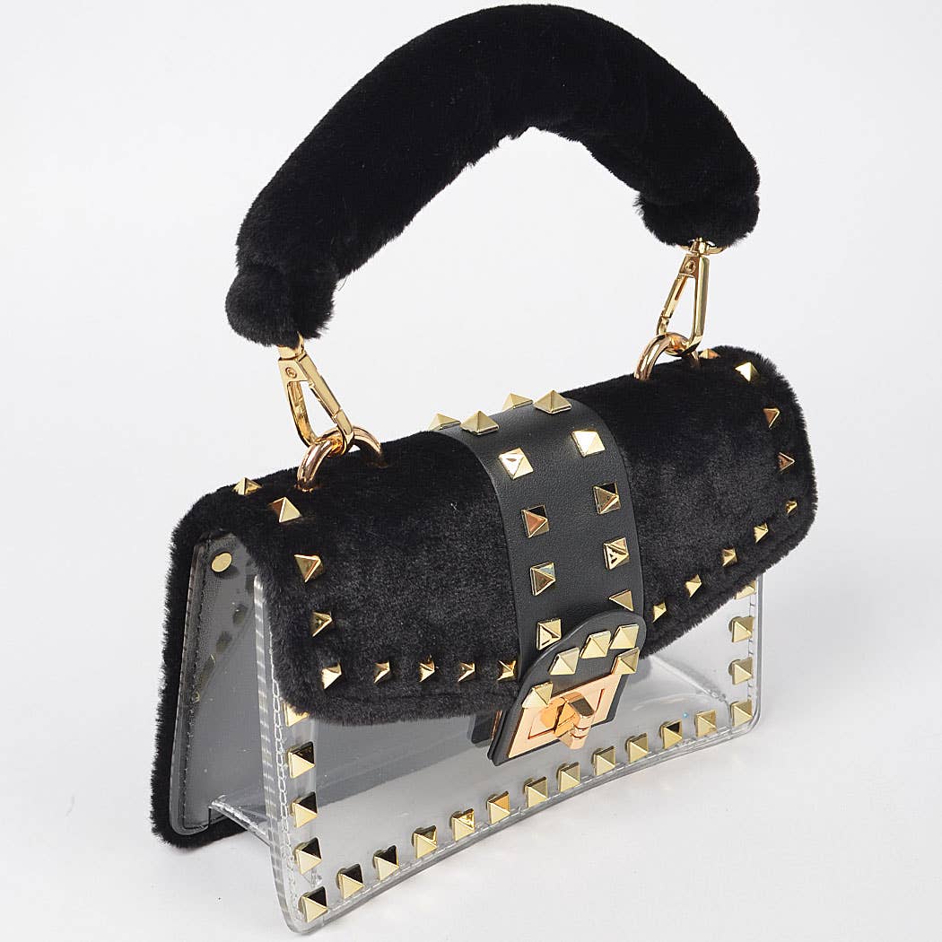 Faux Fur Clear Studded Bag