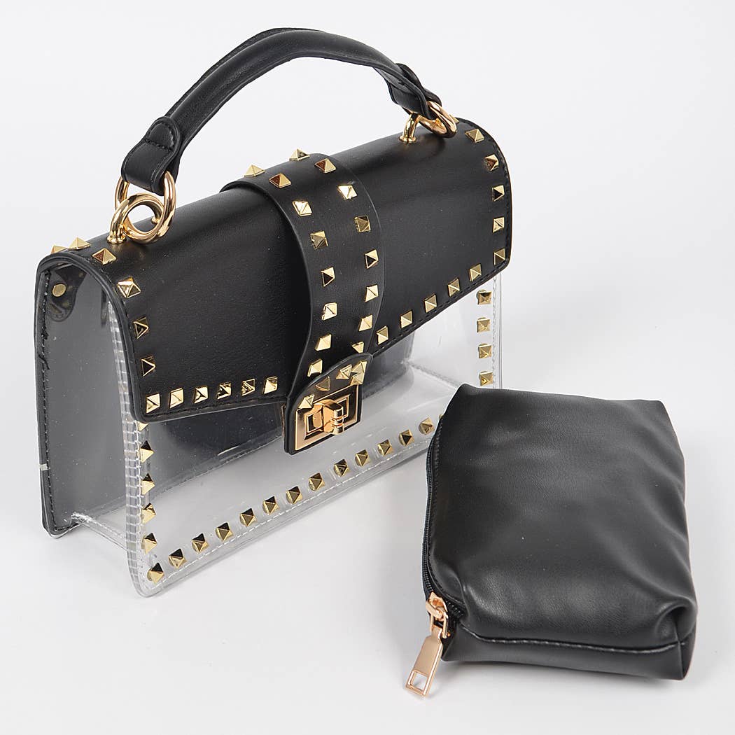 Faux Leather Studded Clear Bag W/Purse