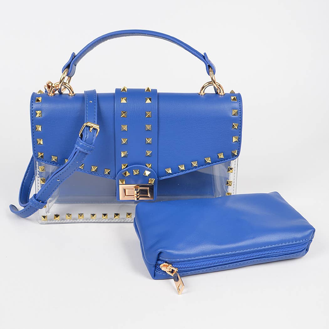 Faux Leather Studded Clear Bag W/Purse
