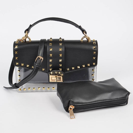 Faux Leather Studded Clear Bag W/Purse
