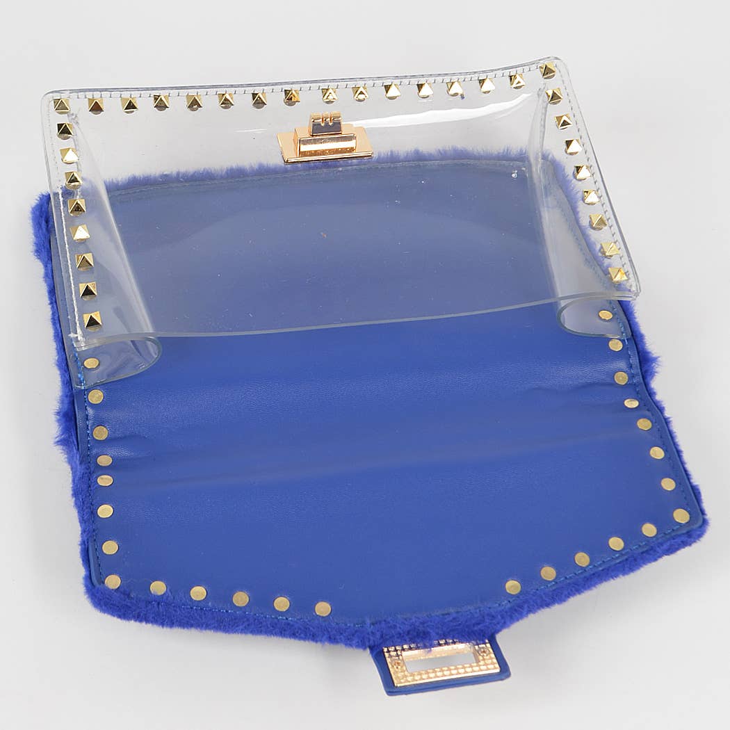 FAUX FUR CLEAR CLUTCH W/ DETACHABLE PURSE