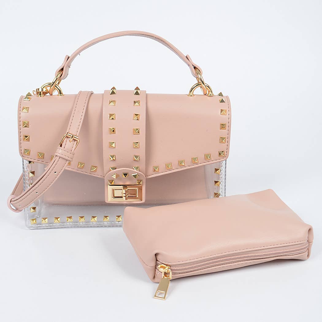 Faux Leather Studded Clear Bag W/Purse