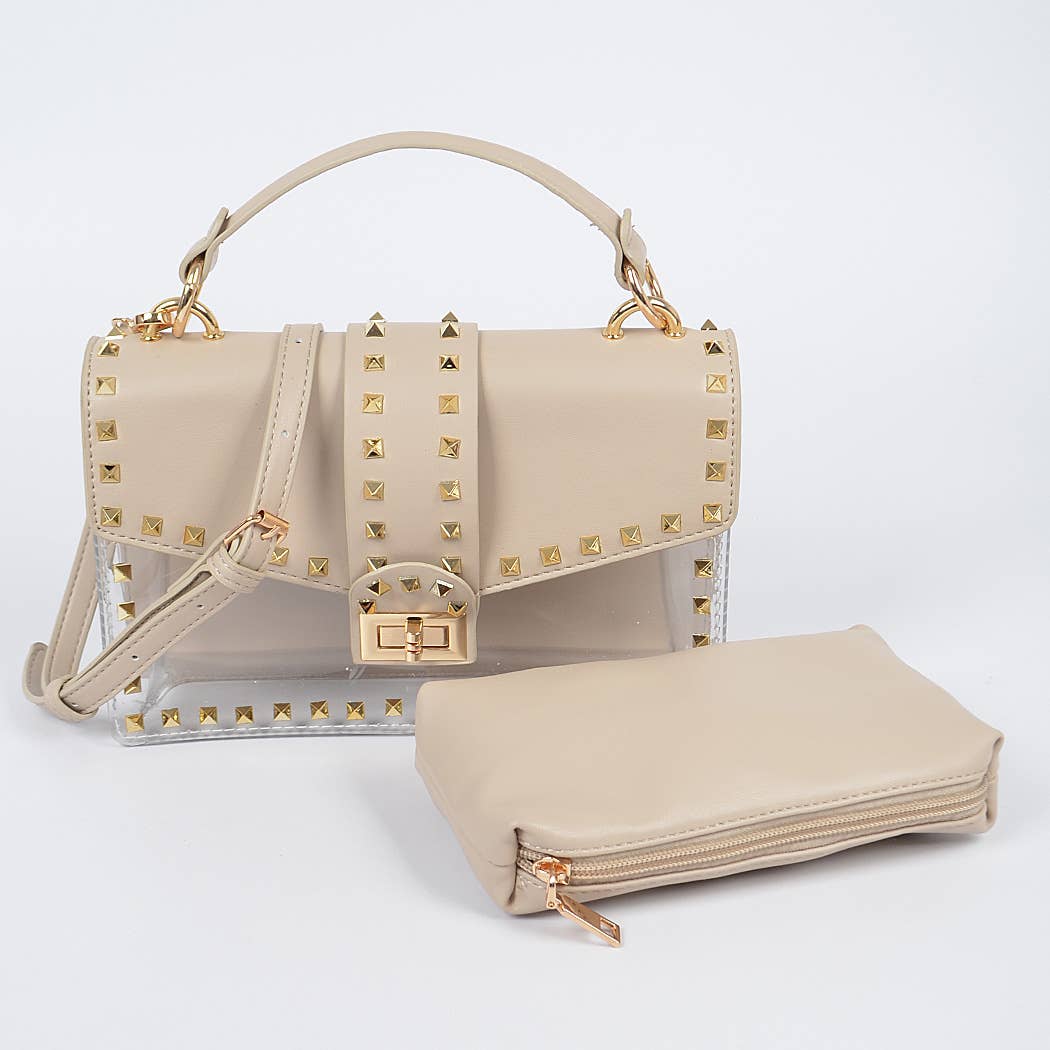 Faux Leather Studded Clear Bag W/Purse