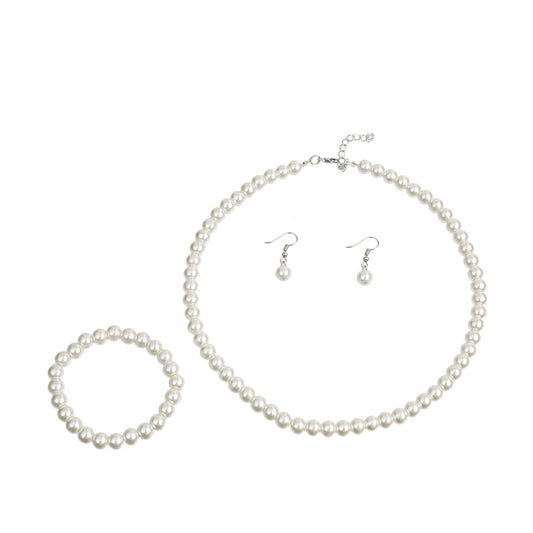 White Pearl Necklace, Earrings, and Bracelet Sets