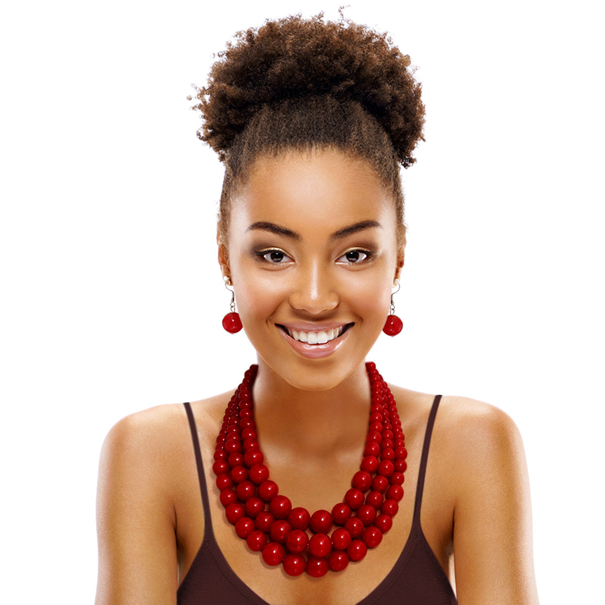 Red Pearl Bead 3 Strand Necklace Set