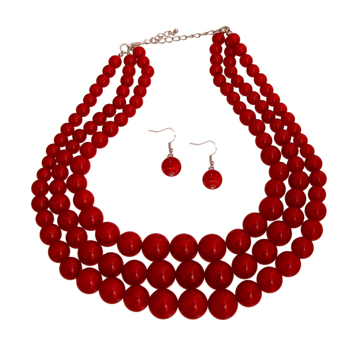 Red Pearl Bead 3 Strand Necklace Set