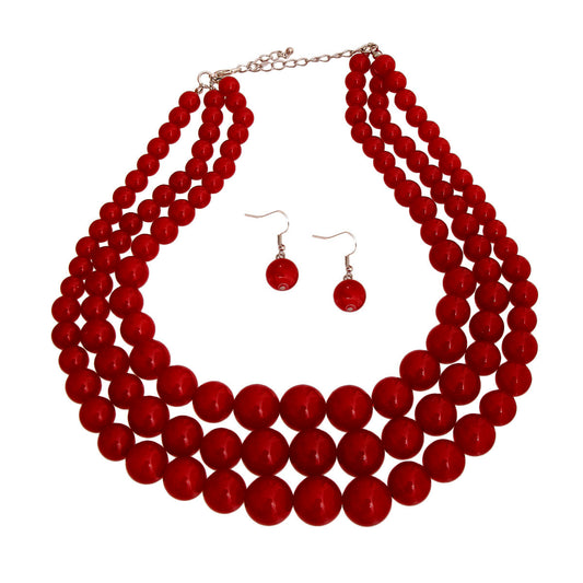 Red Pearl Bead 3 Strand Necklace Set