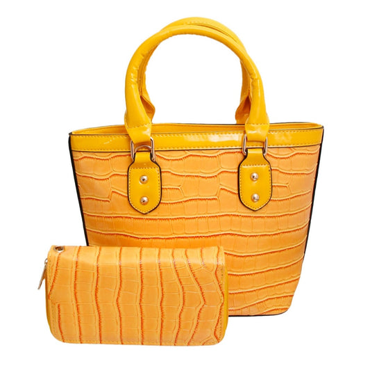 Shiny Yellow Croc Tote Handbag Set