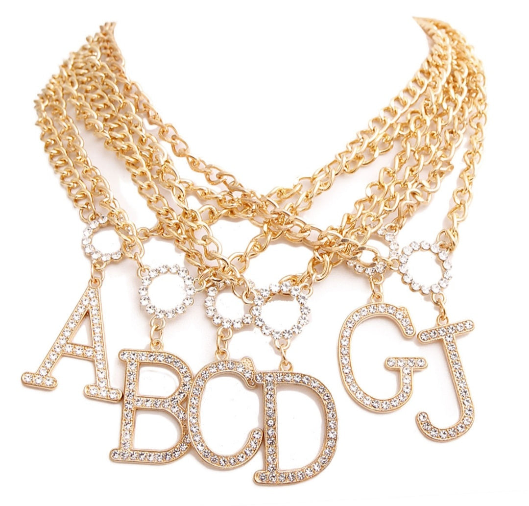 Rhinestone Initial Gold Chain Necklaces