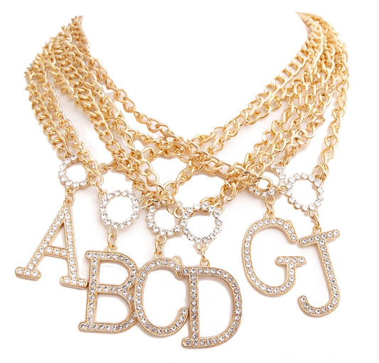 Rhinestone Initial Gold Chain Necklaces