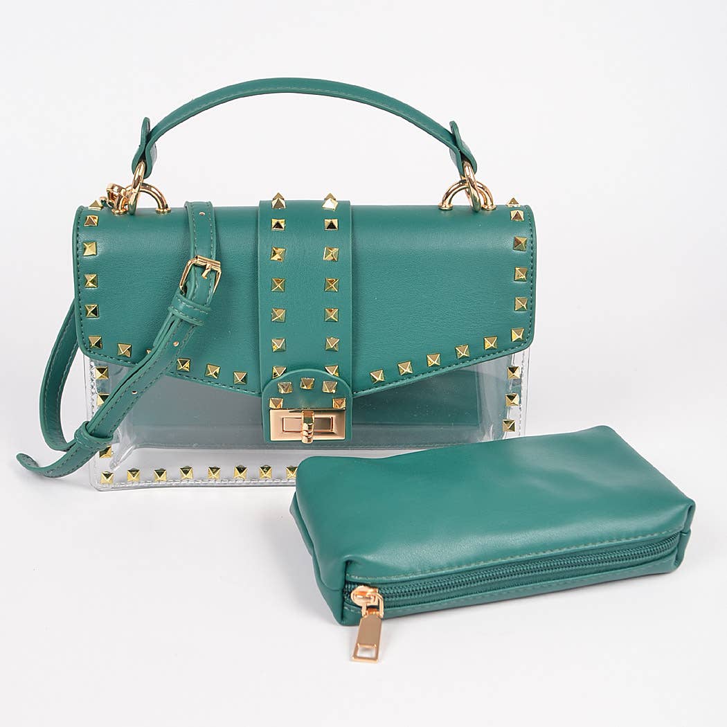 Faux Leather Studded Clear Bag W/Purse