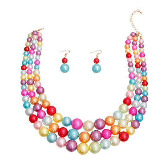 Rainbow Pearl 3 Layer Pearl and Earring Set