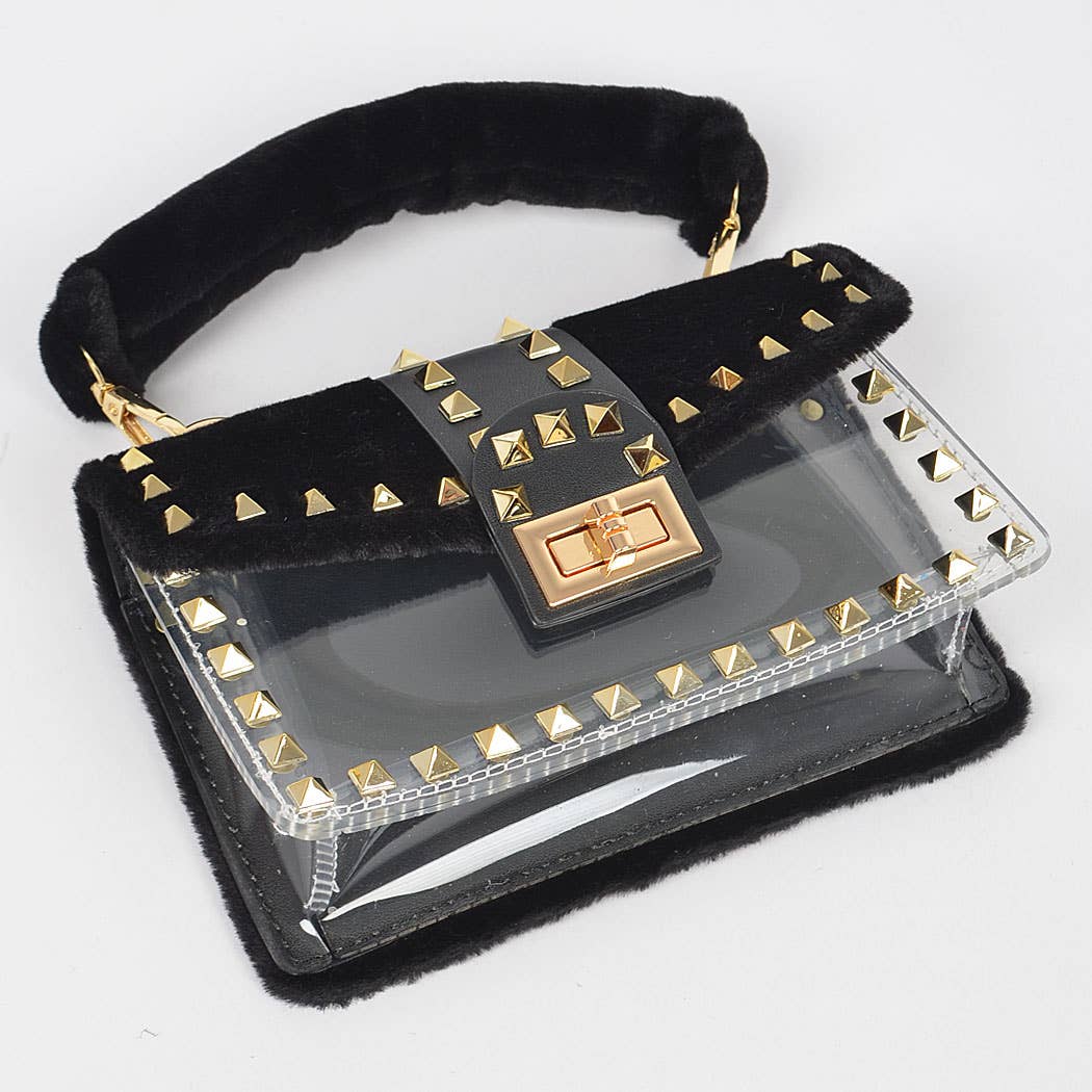 Faux Fur Clear Studded Bag