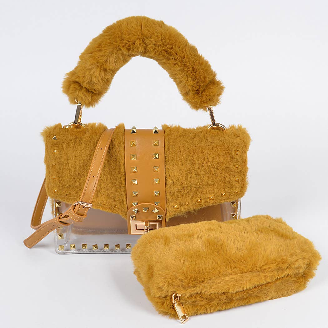 FAUX FUR CLEAR CLUTCH W/ DETACHABLE PURSE