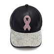 Pink Ribbon Rhinestone Black Satin Cap