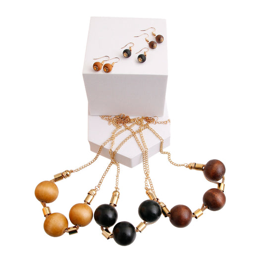 Wooden Ball Necklace & Earrings Sets
