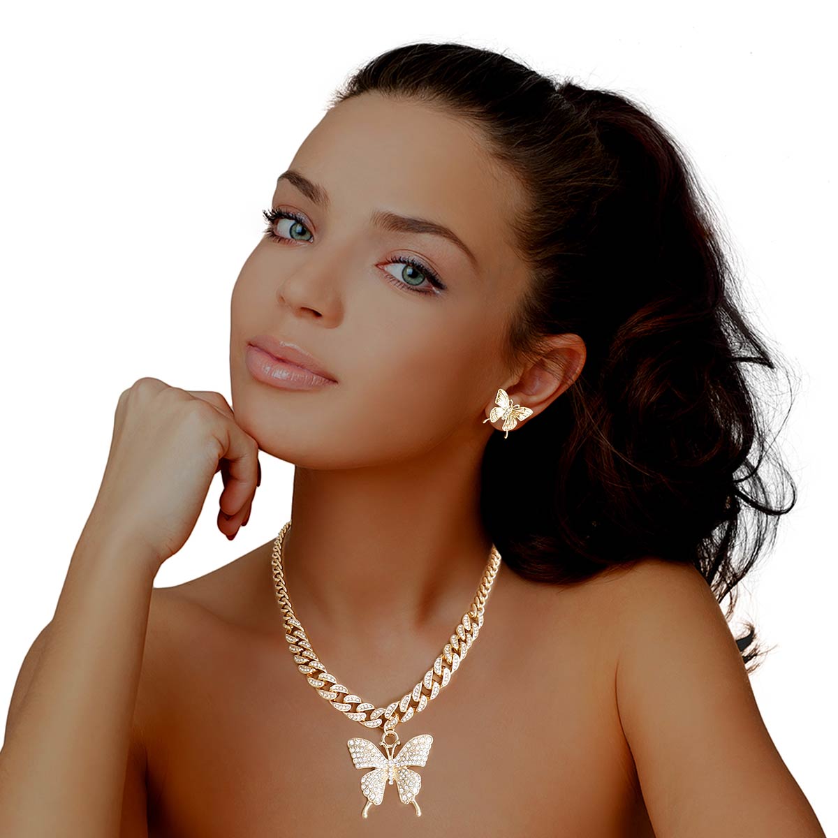 Gold Half Iced Cuban Chain Butterfly Necklace & Earrings