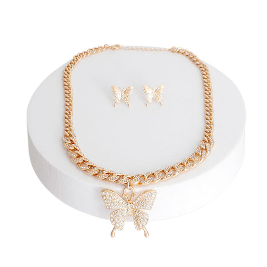 Gold Half Iced Cuban Chain Butterfly Necklace & Earrings