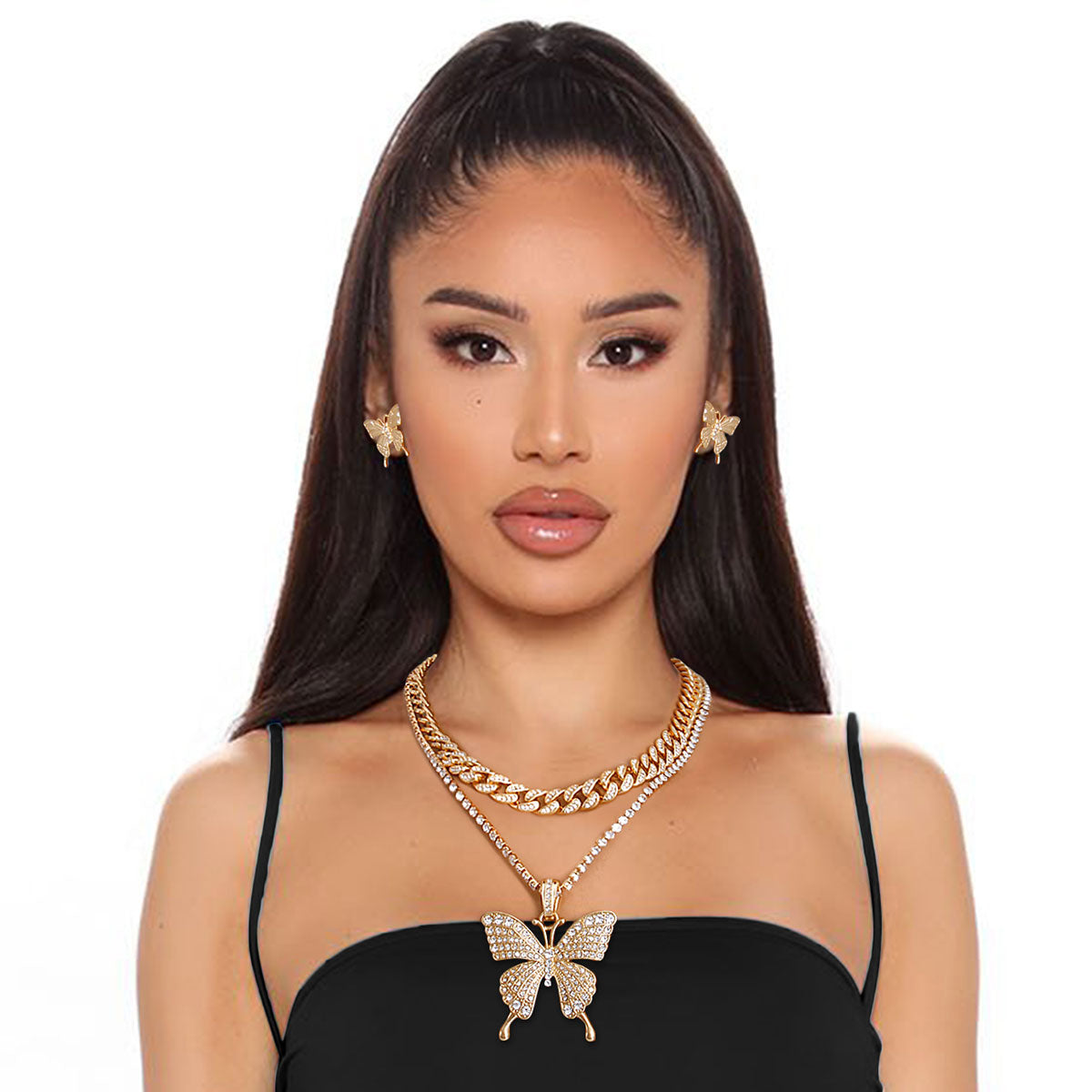 Gold Iced Cuban Chain Butterfly Necklace & Earrings