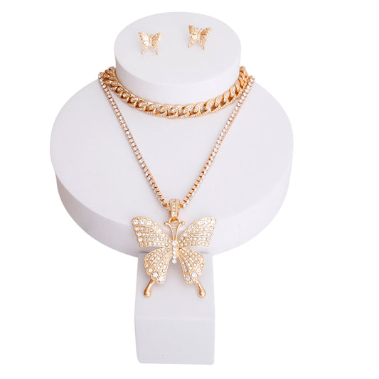 Gold Iced Cuban Chain Butterfly Necklace & Earrings